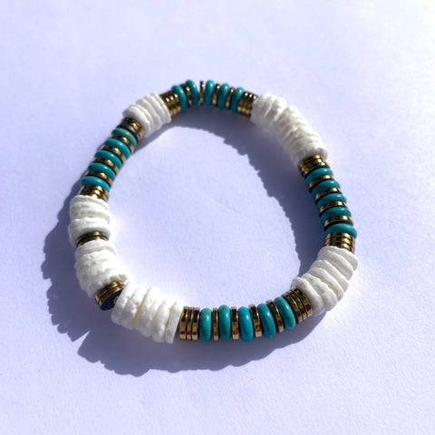 Bracelet élastique Coquillage pierre naturelle turquoise et hématite