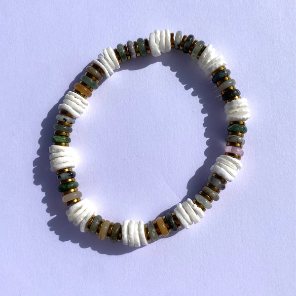 Bracelet pierre naturelle "peau de serpent"coquillage et hématite