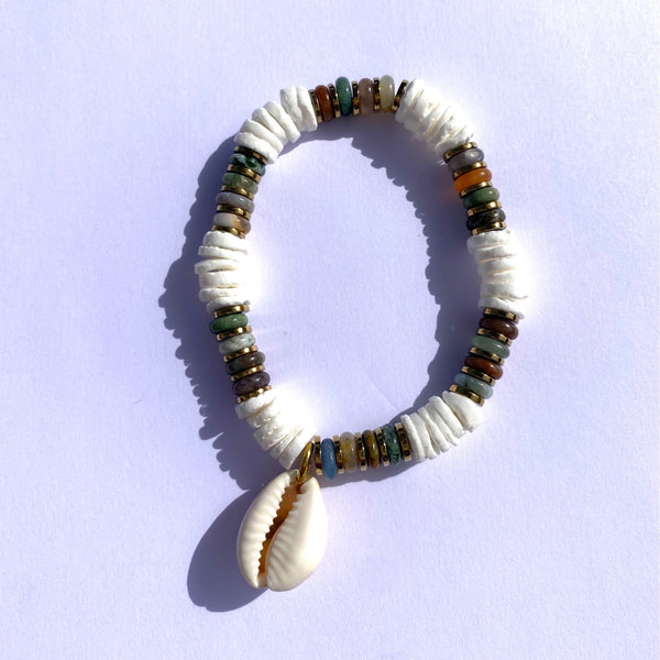 Bracelet élastique Coquillage et pierre naturelle "Peau de serpent"