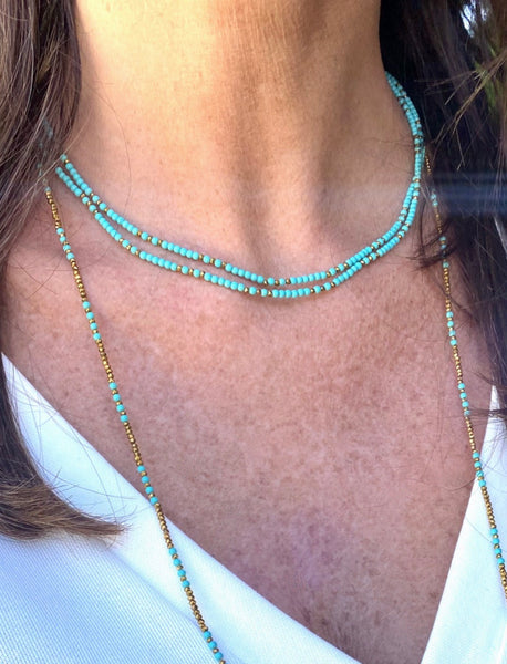 Collier 3 en 1 Perles Tchèque Turquoise et perles de verre doré