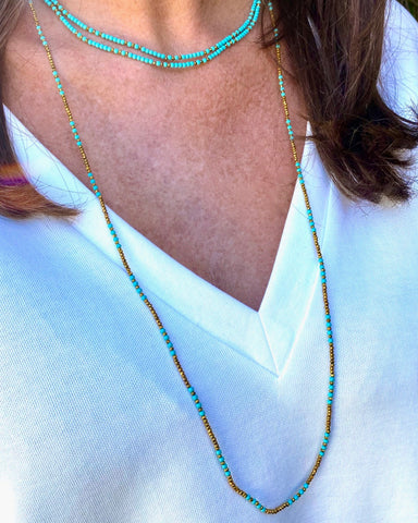 Collier 3 en 1 Perles de verre doré et perles tchèques turquoise