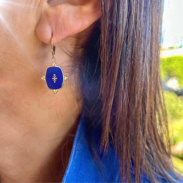 Boucles d'oreilles rectangle résiner époxy bleu foncé