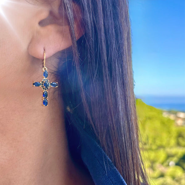 Boucles d'oreilles Croix Strass Bleu