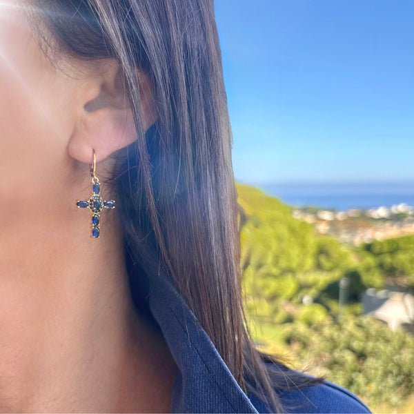 Boucles d'oreilles Croix Strass Bleu