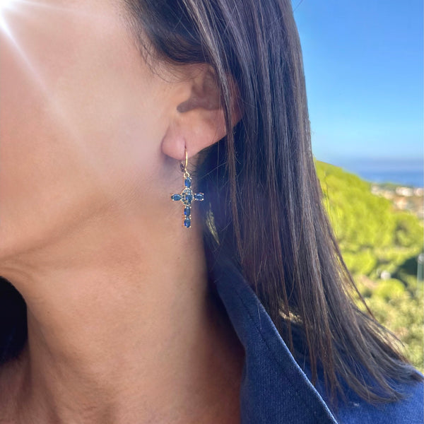 Boucles d'oreilles Croix Strass Bleu