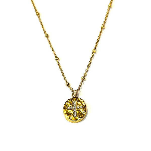 Collier fin médaille croix strass