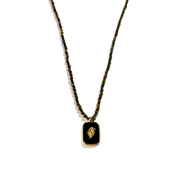 Collier miyuki noir perles de verre doré pendentif doré or fin