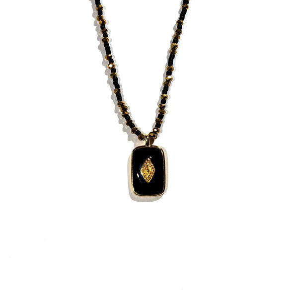 Collier miyuki noir perles de verre doré pendentif doré or fin