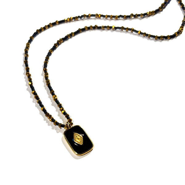 Collier miyuki noir perles de verre doré pendentif doré or fin
