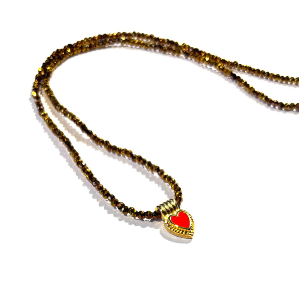 Collier perles de verre pendentif coeur doré fluo rose