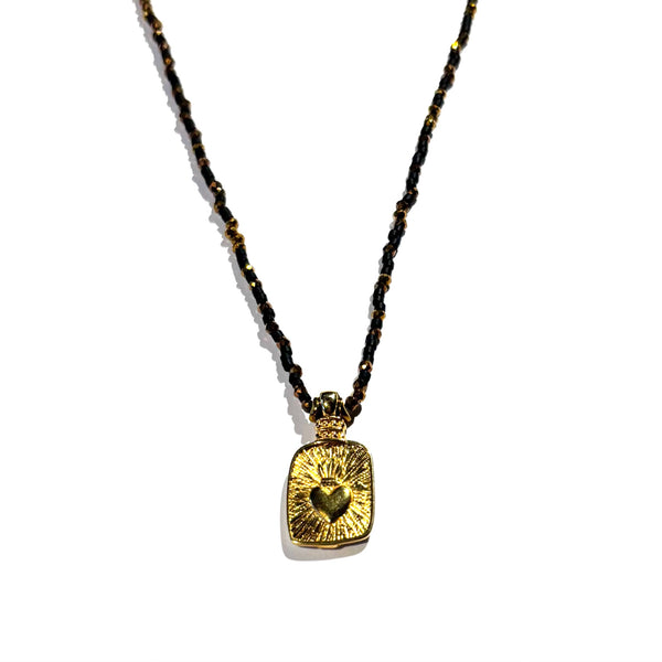 Collier miyuki noir perles de verre doré pendentif ex voto