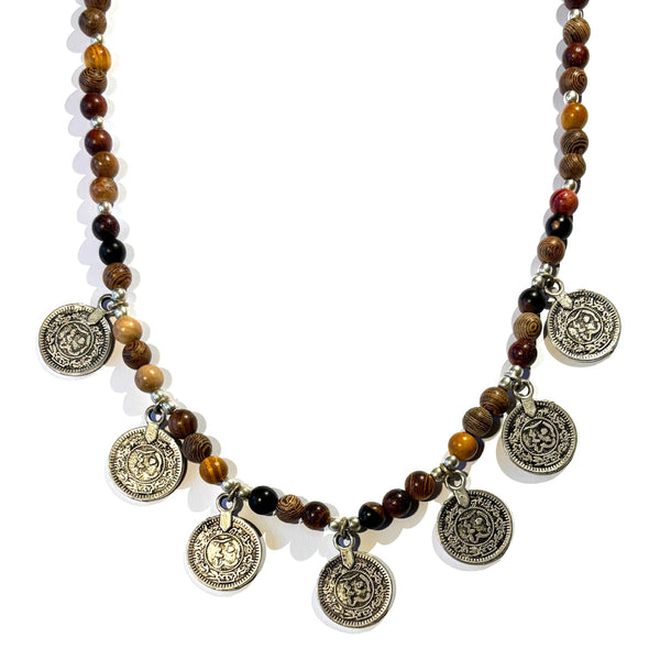 Collier perles de buddha et pieces ethnique argenté