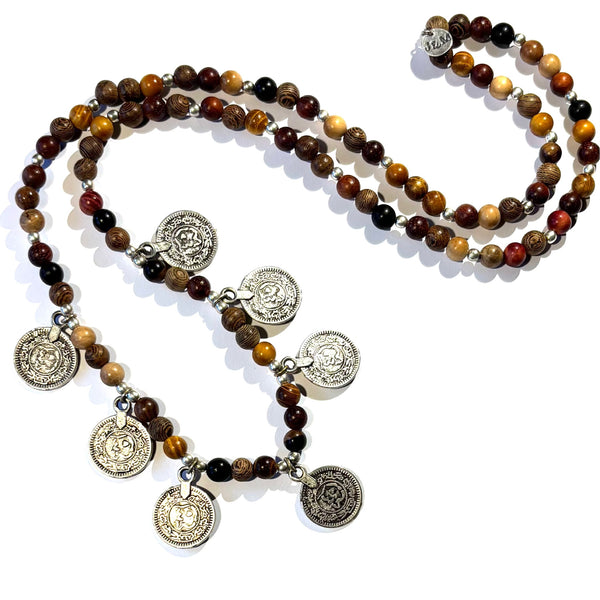 Collier perles de buddha et pieces ethnique argenté