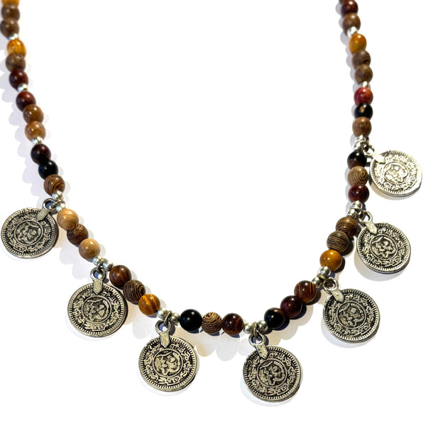 Collier perles de buddha et pieces ethnique argenté