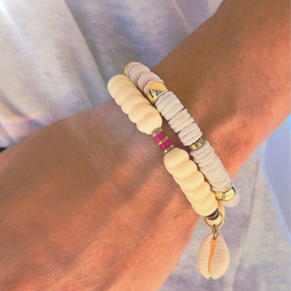 Bracelet écru, fushia et hématite