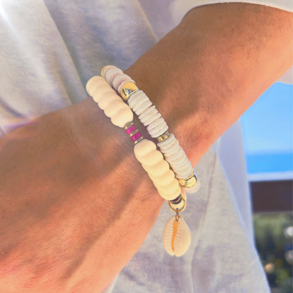 Bracelet écru, fushia et hématite