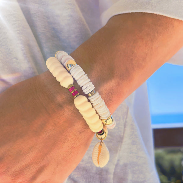 Bracelet écru, fushia et hématite