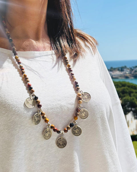 Collier perles de buddha et pieces ethnique argenté